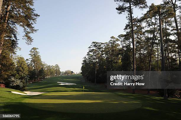 The tenth green is seen during a practice round prior to the start of the 2013 Masters Tournament at Augusta National Golf Club on April 8, 2013 in...