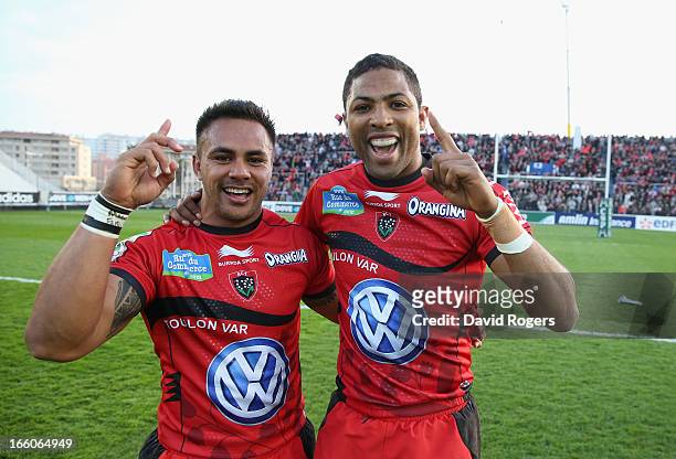 Rudi Wulf and Delon Armitage of Toulon celebrate their victory after the Heineken Cup quarter final match between Toulon and Leicester Tigers at...