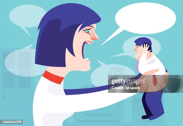 angry woman holding and blaming small businessman - bossy wife stock illustrations