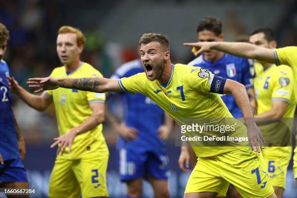 Andriy Yarmolenko of Ukraine gestures during the UEFA EURO 2024 European qualifier match between Italy and Ukraine at Stadio San Siro on September...