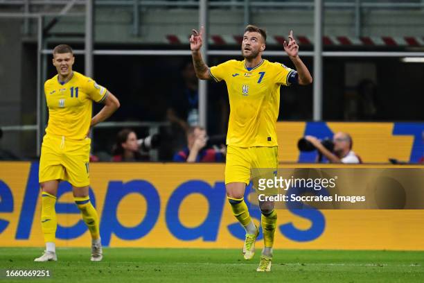 Andriy Yarmolenko of Ukraine celebrates 2-1 during the EURO Qualifier match between Italy v Ukraine at the San Siro on September 12, 2023 in Milan...