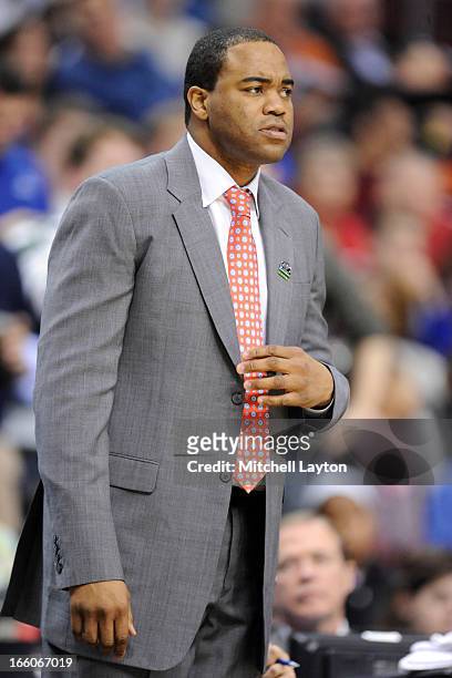 Assistant coach Othella Harrington looks on during the second round of the 2013 NCAA Men's Basketball Tournament game against the Georgetown Hoyas on...