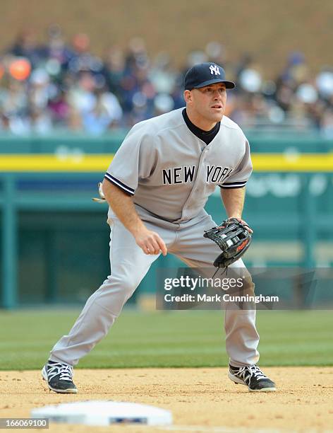 Kevin Youkilis of the New York Yankees fields during the game against the Detroit Tigers at Comerica Park on April 7, 2013 in Detroit, Michigan. The...