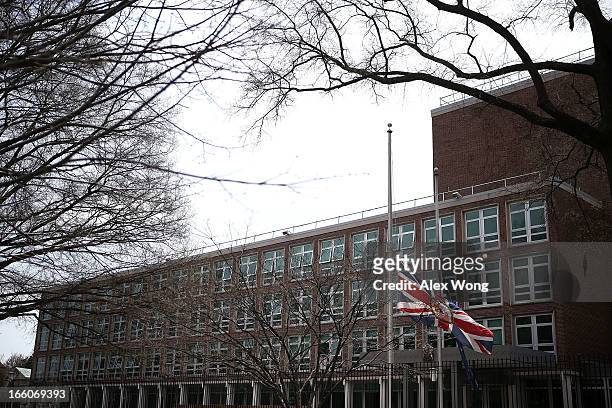 Union Jack flag flies at half staff following the death of former British Prime Minister Margaret Thatcher at the British Embassy April 8, 2013 in...