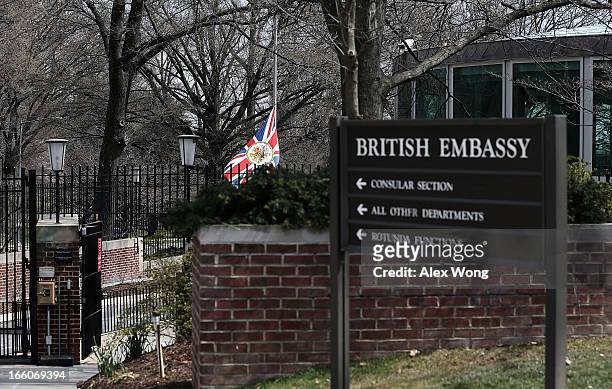 Union Jack flag flies at half staff following the death of former British Prime Minister Margaret Thatcher at the British Embassy April 8, 2013 in...