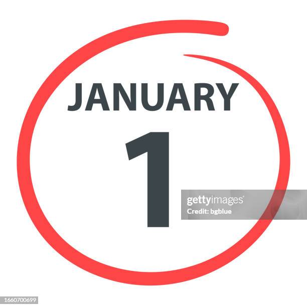 illustrazioni stock, clip art, cartoni animati e icone di tendenza di 1 gennaio - data cerchiata in rosso su sfondo bianco - un singolo oggetto