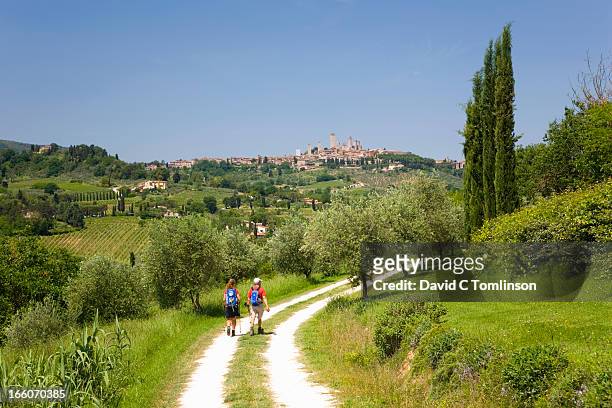couple hiking, san gimignano, tuscany, italy - san gimignano stock pictures, royalty-free photos & images