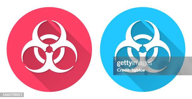 biologisches gefahrensymbol. rundes symbol mit langem schatten auf rotem oder blauem hintergrund - biogefährliche substanz stock-grafiken, -clipart, -cartoons und -symbole