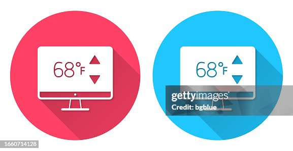 Desktop computer with heating control. Round icon with long shadow on red or blue background Desktop computer with heating control. Round icon with long shadow on red or blue background