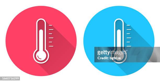 thermometer. round icon with long shadow on red or blue background - thermometer stock illustrations