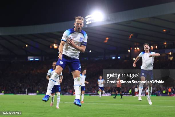 Harry Kane of England celebrates their third goal during the 150th Anniversary Heritage Match between Scotland and England at Hampden Park on...