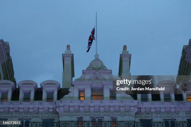 The flag flies at half-mast at the Grand Hotel, which was the scene of the failed 1984 IRA assassination attempt on Margaret Thatcher, on April 8,...