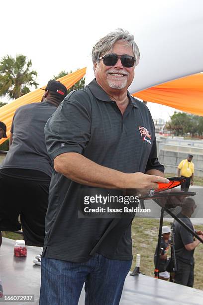 Micky Arison the owner of the Miami Heat enjoys the Miami Heat Family Festival on April 7, 2012 at American Airlines Arena in Miami, Florida. NOTE TO...