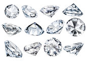Multiple Isolated White Faceted Diamonds at Various Angles Clipping Path