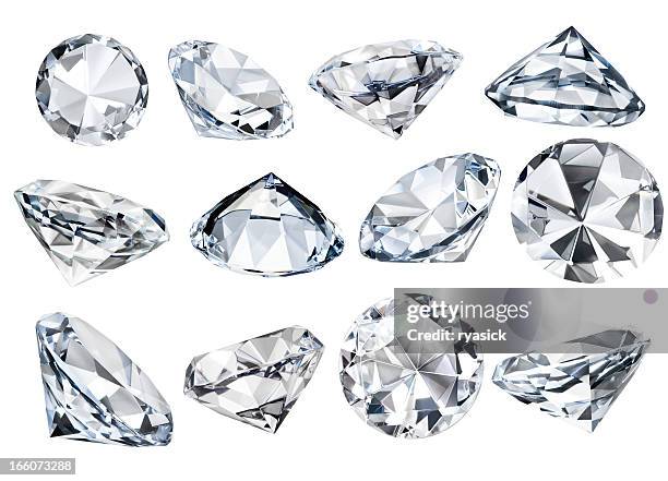multiple isolated white faceted diamonds at various angles clipping path - smyckessten bildbanksfoton och bilder