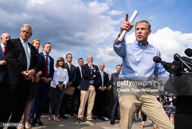 Rep. Scott Perry, R-Pa., conducts a news conference with members of the House Freedom Caucus on government funding outside the U.S. Capitol on...