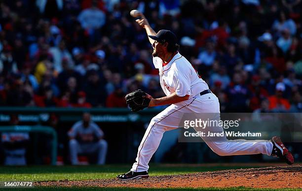 Joel Hanrahan of the Boston Red Sox pitches against the Baltimore Orioles during the Opening Day game on April 8, 2013 at Fenway Park in Boston,...