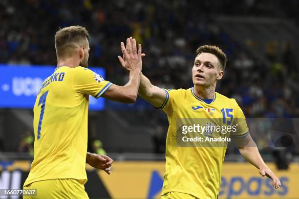 Andriy Yarmolenko of Ukraine is congratulated by his teammate Viktor Tsygankov , after scoring during the European 2024 qualifiers Group C football...