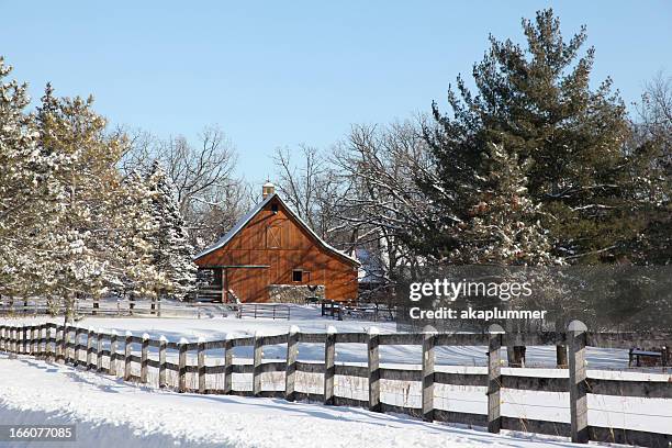barn enveloped in snow - farmhouse stock pictures, royalty-free photos & images