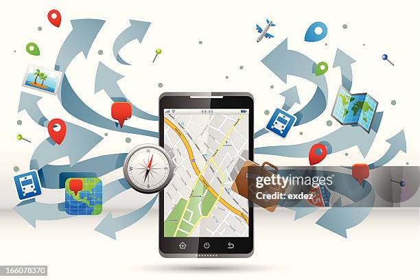 travel application on smartphone - cell signaling pathway stock illustrations