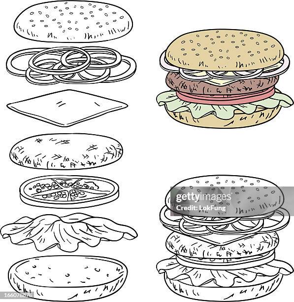 hamburger ingredients in line art style - cheddar cheese background stock illustrations