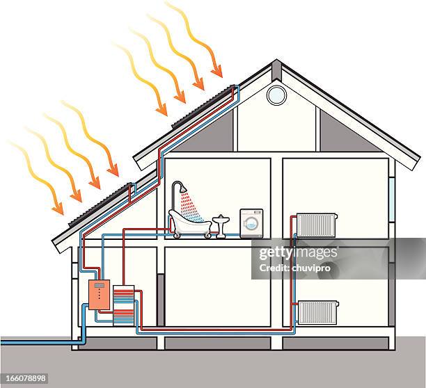 heating water with solar panels - solar panel house stock illustrations