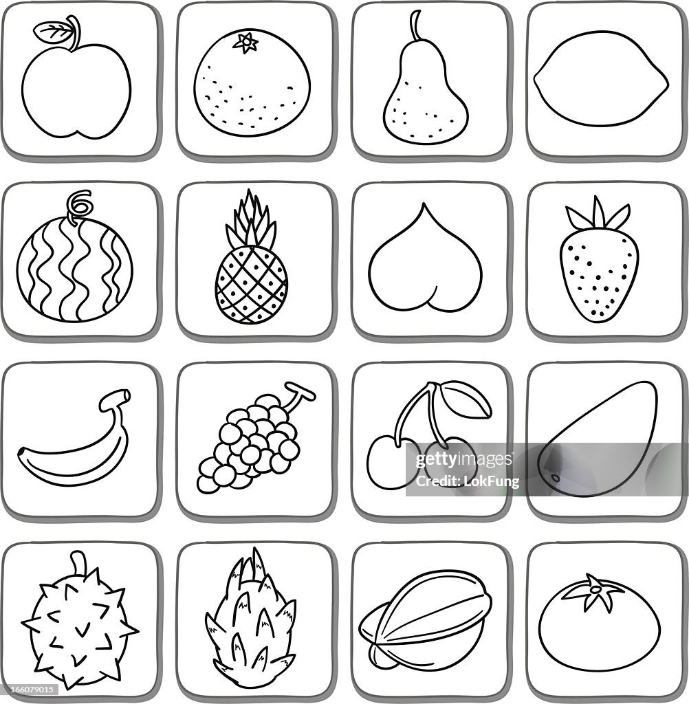 Doodle fruit icon set in black and white
