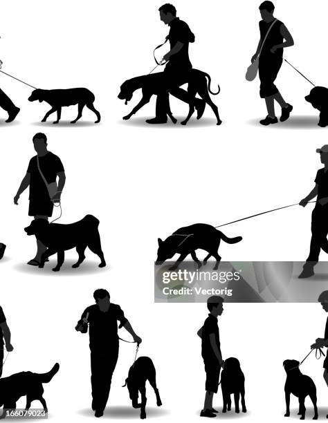 people walking dogs - man walking silhouette stock illustrations