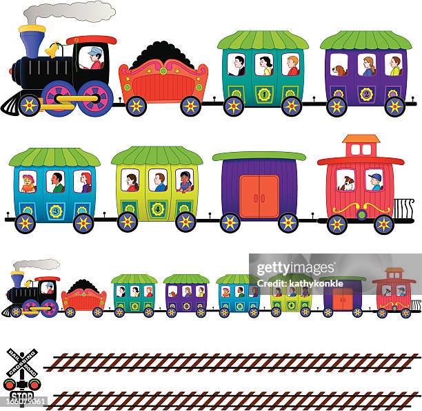 cartoon train with passengers - level crossing stock illustrations