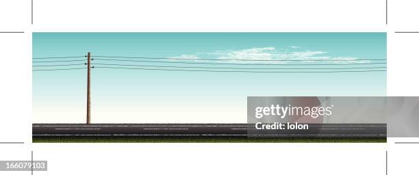 ilustrações de stock, clip art, desenhos animados e ícones de estrada com vintage poste de energia e nuvens - estrada principal