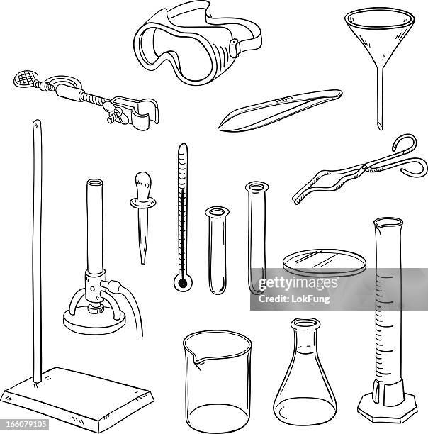 ilustraciones, imágenes clip art, dibujos animados e iconos de stock de equipo de laboratorio en blanco y negro - clase de quimica