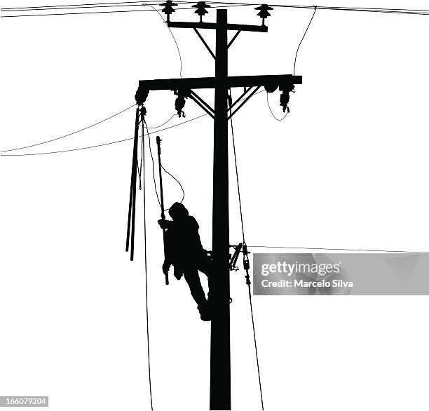 electric worker and power lines silhouette - blackout stock illustrations