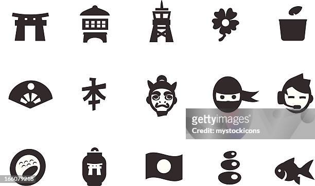 illustrations, cliparts, dessins animés et icônes de ensemble d'icônes de style japonais - samouraï