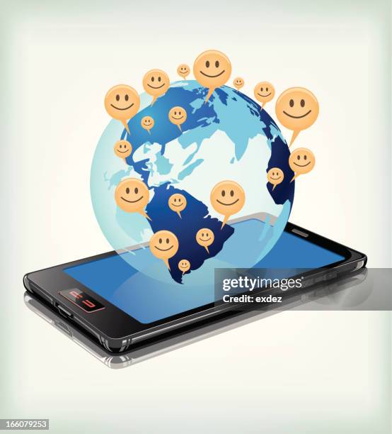 smiley all over the world by mobile communication. - face lifting stock illustrations