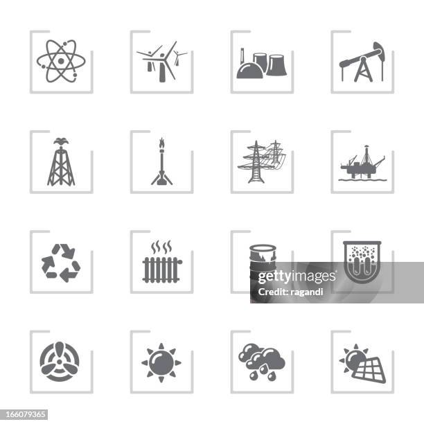 power generation icons | framed grey - offshore platform drilling rig stock illustrations