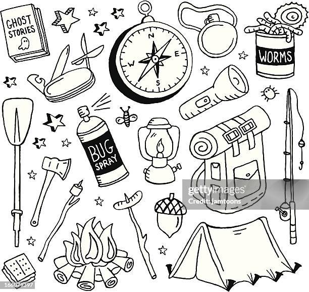 camping doodles - camping illustration stock illustrations