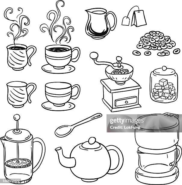 tea coffee equipment in black and white - coffee mug drawing stock illustrations