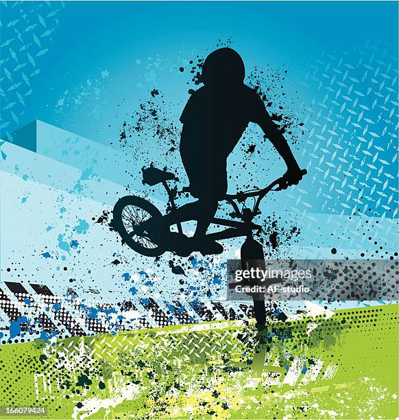 grunge bmx biker on blue and green background - bmx cycling stock illustrations