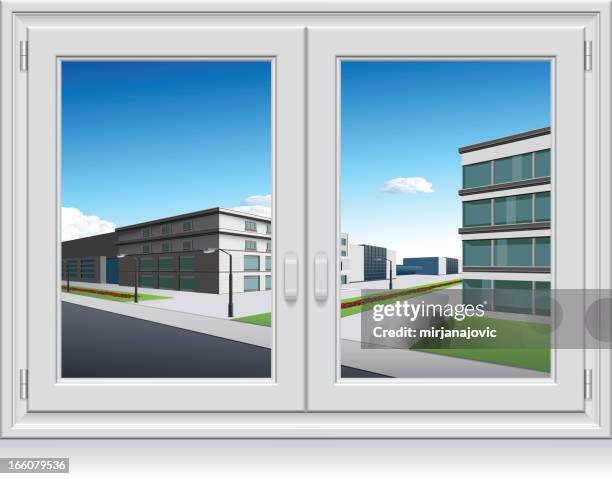 blick aus dem fenster - fensterbank stock-grafiken, -clipart, -cartoons und -symbole