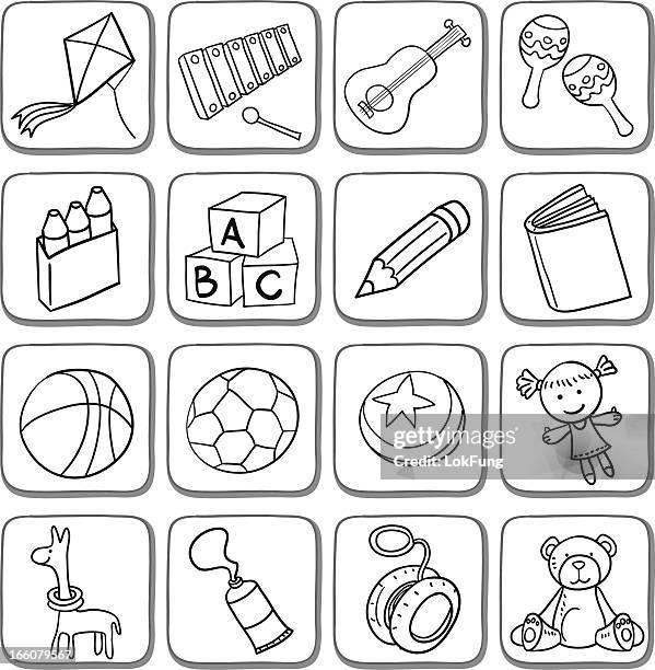 doodle toy icon set in black and white - coloured pencils stock illustrations