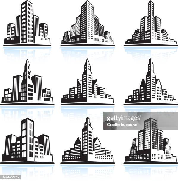 ilustraciones, imágenes clip art, dibujos animados e iconos de stock de vista panorámica de la ciudad edificios conjunto de iconos de vector - skyscraper