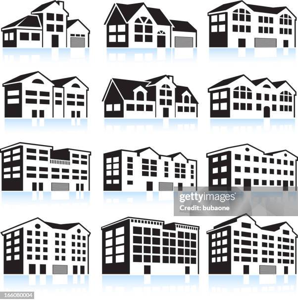 3d house and apartment complex black & white icon set - modern luxury house exterior stock illustrations
