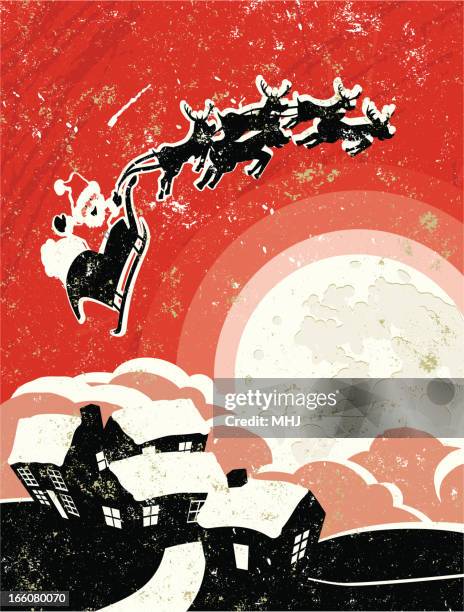 father christmas and sleigh flying over the moon. - christmas village silhouette stock illustrations
