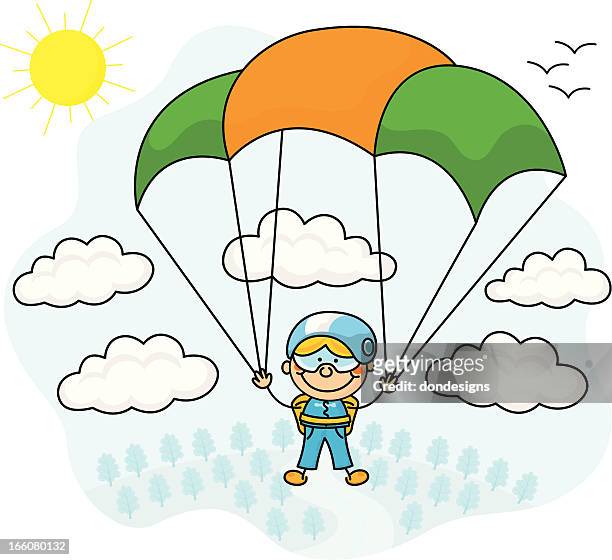 stockillustraties, clipart, cartoons en iconen met parachute jumper kids - parachute