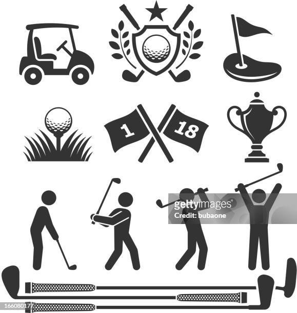 stockillustraties, clipart, cartoons en iconen met golfing icons and stick figures - golf clubhouse
