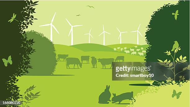 countryside wind turbine farm - rolling landscape stock illustrations