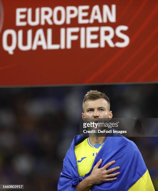 Andriy Yarmolenko of Ukraine during the national anthem during the UEFA EURO 2024 European qualifier match between Italy and Ukraine at Stadio San...