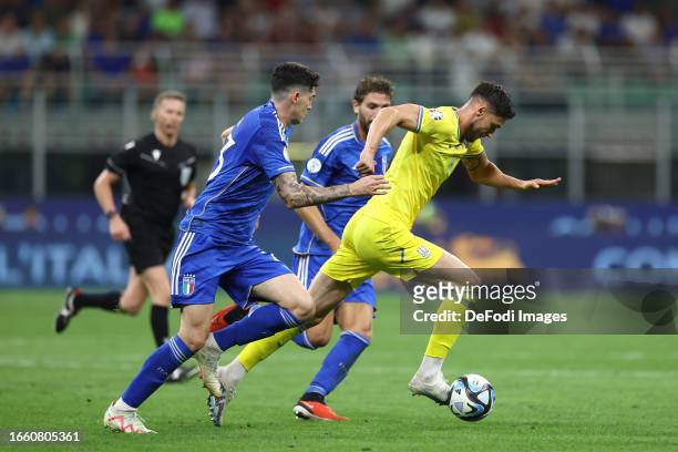 Roman Yaremchuk of Ukraine controls the ball during the UEFA EURO 2024 European qualifier match between Italy and Ukraine at Stadio San Siro on...