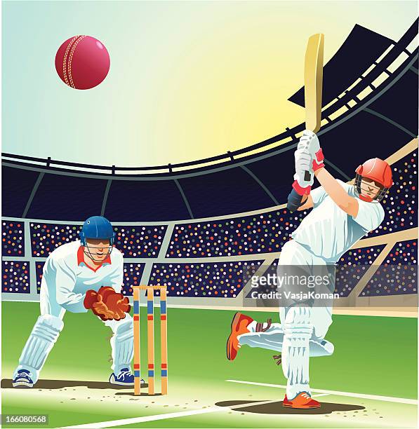 ilustrações de stock, clip art, desenhos animados e ícones de batsman impressionante bola de críquete de quatro execuções - cricket bowler