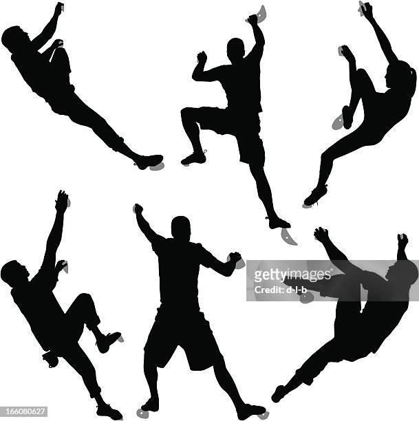 silhouettes of six climbers bouldering at an indoor climbing gym - climbing stock illustrations